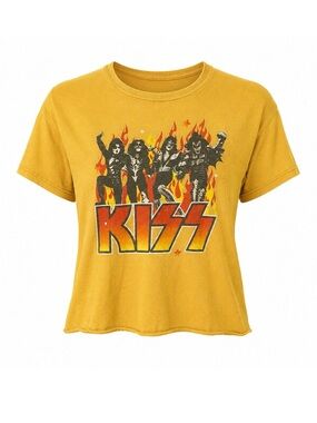 KISS Graphic Band Tee Yellow Crop T Shirt Women’s Medium Rock Band Shirt